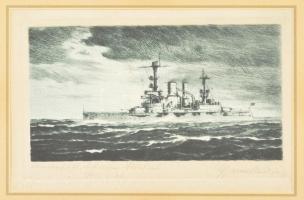 Marius... A Schleswig-Holstein csatahajó. Rézkarc, papír. Jelzett. 18x11 cm Üvegezett keretben. Ez a hajó adta le a II. világhábpró egyik első lövésait a Westerplattei csatában