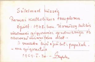 Sülelmed, Ulmeni; 1942-ben épült római katolikus templom, mellette paplak (ma gyógyszertár) / Cathol...