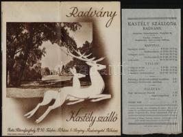 cca 1930 Radvány Kastélyszálló kihajtható képes prospektusa, külön árlista melléklettel, jó állapotban