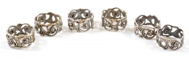 Ezüst, kisméretű szalvétagyűrűk 6 db rózsa díszítéssel Jelzett. 19 g