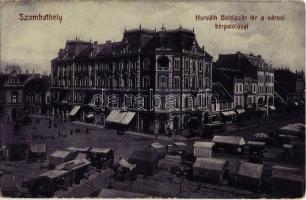 1912 Szombathely, Horváth Boldizsár tér a városi bérpalotával, villamos, piaci árusok, üzletek. W. L. Bp. 5553. (EK)