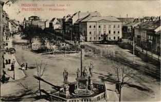 1910 Pozsony, Pressburg, Bratislava; Kossuth Lajos tér, Szentháromság szobor, Korzó kávéház hangverseny reklámmal / square, Trinity church, cafe