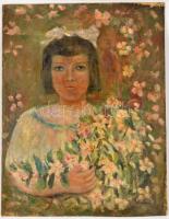 Mattioni jelzéssel: Kislány virágokkal. Olaj, karton, 50×38 cm