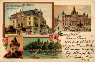 Graz, Rathhaus, Schlossberg Uhrturm, Hilmteich, Rudolf Leitners Hotel Daniel / town hall, lake, clock tower, hotel. Senefelder Art Nouveau, floral, litho