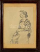 Hollósy jelzéssel: Ülő nő. Ceruza, papír, üvegezett keretben, 27×20 cm