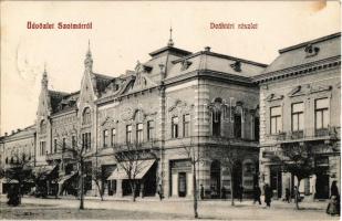 1908 Szatmárnémeti, Szatmár, Satu Mare; Deák tér, Lengyel Imre, Mertz István, Halász Mór üzlete. Kiadja Lövy M. / square, shops (EK)