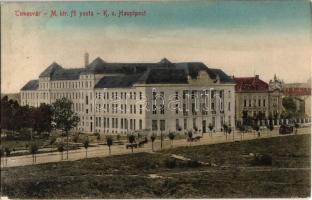 1915 Temesvár, Timisoara; M. kir. fő posta, villamos / Hauptpost / post office, tram