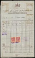 1926 a Szent Gellért Gyógyszálló díszes fejléces számlája, okmánybélyeggel