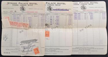 1946-1947 London, Strand Palace Hotel 3 db számlája, 2 db okmánybélyeggel, 2 db ételjeggyel.