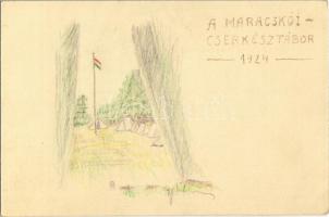 1924 A maracskói cserkésztábor. Kézzel rajzolt cserkész művészlap táborral és magyar zászlóval / Hungarian boy scout art postcard, hand-drawn boy scout camp with Hungarian flag, artist signed