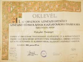 1926 Az Országos Színészegyesület színészképző iskolájának díszes oklevele Kádár Margit (1906-?) színésznő részére, aláírásokkal, okmánybélyeggel