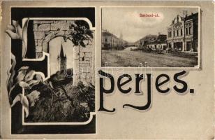 Eperjes, Presov; Szebeni út. Iniciálés szecessziós képeslap. Fried Simon üzlete. Divald Károly / street view, shop. Art Nouveau, floral (EK)