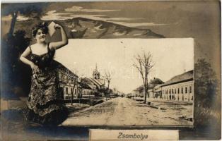 Zsombolya, Jimbolia; utcakép. Montázs hölggyel / street, montage with lady