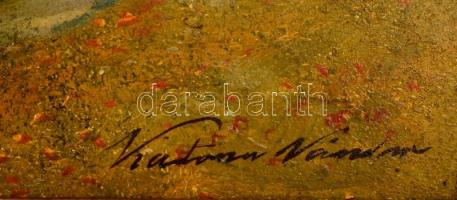 Katona jelzéssel: Alpesi táj. Olaj, farost, keretben, 28×48 cm