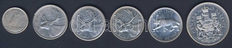 Kanada 10c Ag 1963 + 25c Ag 1961,1962,1963,1967 + 50c Ag 1963 Összesen 6db! T:2,2/3,3