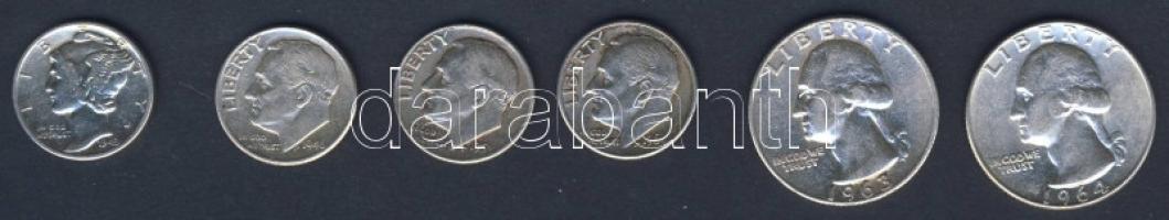USA 10c Ag "Mercury" 1943, "Roosevelt" 1946,1958,1964 + 1/4$ Ag "Washington" 1963,1964 T:2,2/3