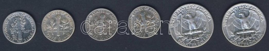 USA 10c Ag "Mercury" 1943, "Roosevelt" 1946,1958,1964 + 1/4$ Ag "Washington...