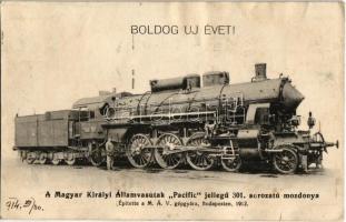 1914 Boldog Új Évet! Magyar Királyi Államvasutak Pacific jellegű 301. sorozatú mozdonya / Hungarian State Railways locomotive (EK)