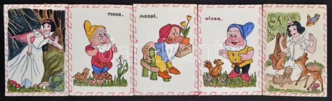 cca 1930-1940 Hófehérke és a hét törpe, kétoldalas amatőr gyerek kifestő, kézi fűzéssel, kézi rajzol...
