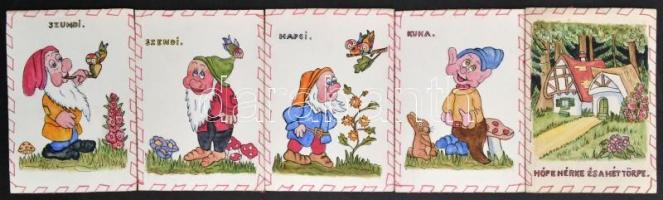 cca 1930-1940 Hófehérke és a hét törpe, kétoldalas amatőr gyerek kifestő, kézi fűzéssel, kézi rajzol...