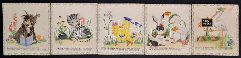 cca 1940-1950 Állatok iskolája, kétoldalas amatőr gyerek kifestő, kézi fűzéssel, kézi rajzolással, u...