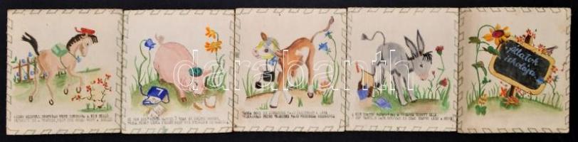 cca 1940-1950 Állatok iskolája, kétoldalas amatőr gyerek kifestő, kézi fűzéssel, kézi rajzolással, u...