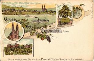 Geisenheim, Pfarrkirche, Total, Linde, Königl. Lehranstalt. Franck Caffee-Zusatz / parish church, general view, street view, royal educational institute. Franck coffee advertisement. Kunstanstalt Rosenblatt Art Nouveau, floral, litho (EB)