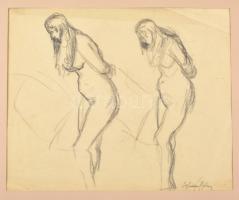 Kunffy Lajos (1869-1962): Akt, szén, papír, jelzett, paszpartuban, hajtásnyomokkal, 25x31 cm