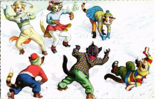 Cats snowball fight. Alfred Mainzer ALMA 4722. - modern postcard (EK)