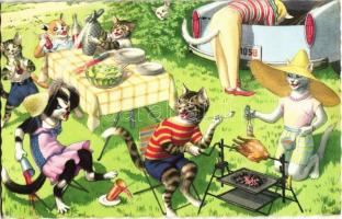 Cat family picnic. Alfred Mainzer ALMA 4890. - modern postcard (EK)