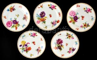 Victoria porcelán virágmintás kistányér, 5 db, matricás, jelzett, d: 16 cmx5