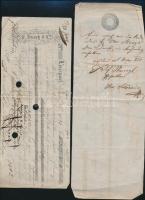 1854 Válró 50kr szignettával + 1845 liverpooli váltó sok feljegyzéssel, pecséttel szárazbélyegzővel