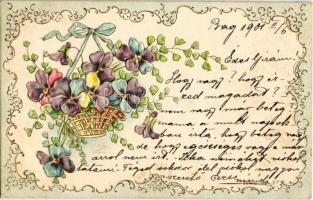 1901 Floral Emb. litho greeting card, flowers