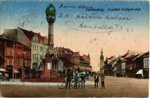1922 Szombathely, Erzsébet királyné utca, Szentháromság szobor, kerékpáros (EK)