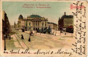 1904 Budapest VIII. Kerepesi út és a Népszínház, villamos, üzletek. litho (EK)