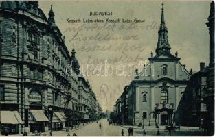 1905 Budapest V. Kossuth Lajos utca, templom, Spitzné Nemzeti Szalon képkiállítása, Kováry bank és váltó üzlet