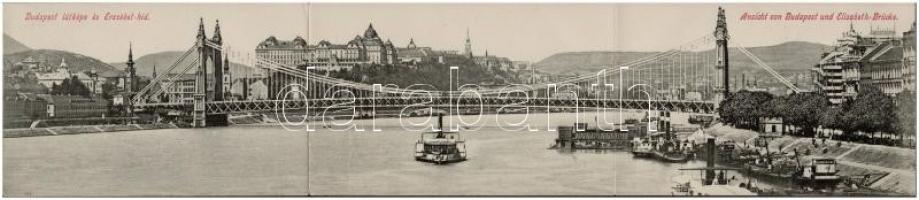 1903 Budapest, Erzsébet híd, kikötő hajókkal. Három részes kihajtható panorámalap / 3-tiled folding panoramacard (hajtásnál szakadt / torn at fold)