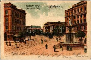 1902 Budapest VIII. Múzeum körút, Kálvin tér, szökőkút. litho