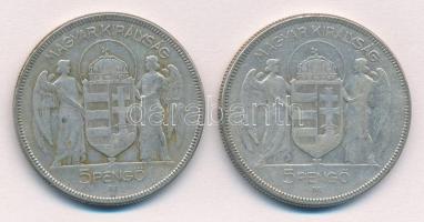 1930. 5P (2x) Ag "Horthy jobbra" T:3 patina Adamo P8