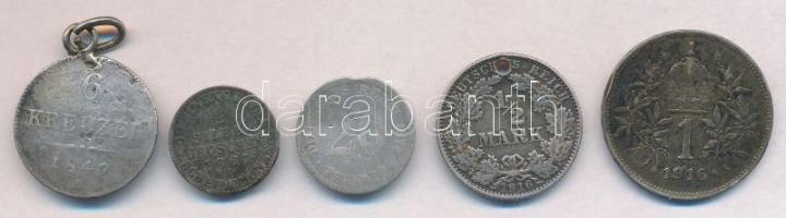5db-os rossz tartású ezüstpénz tétel, közte Ausztria 1849A 6kr füllel, Német Államok / Poroszország 1867B 2g, Német Birodalom 1916E 1/2M T:3,3-