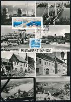 2 db dupla méretű képeslap, rajtuk a lerombolt és újjáépített budapesti hidak, épületek + felszabadulási alkalmi bélyegzés