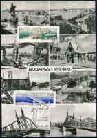 2 db dupla méretű képeslap, rajtuk a lerombolt és újjáépített budapesti hidak, épületek + felszabadu...