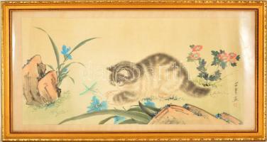 Jelzett kínai cicás akvarell, üvegezett keretben, 31×69 cm