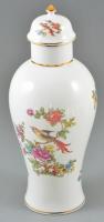 Hollóházi madaras-virág mintás porcelán fedeles váza, matricás, jelzett, hibátlan, m: 38 cm