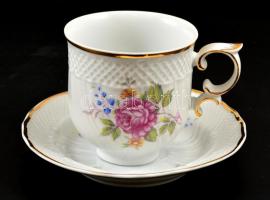 Hollóházi virág mintás kakaós csésze készlet( 6db) matricás, jelzett, apró kopásnyomokkal