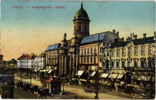 Arad, Andrássy tér, üzletek, lovaskocsik, Minorita templom / square, shops, horse-drawn carriages, Minorite cathedral (kis szakadás / small tear)