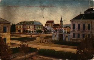 1915 Marchegg, Hauptplatz mit Schule und Kirche. Verlag Leop. Thomann / main square, school and church + Von der Armee im Felde (tear)