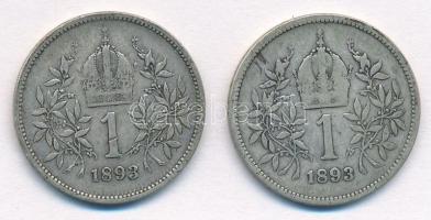 Ausztria 1893. 1K Ag "Ferenc József" (2x) T:2- Austria 1893. 1 Corona Ag "Franz Josep...
