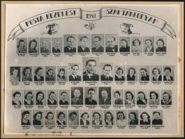 1948 Posta kezelési Szaktanfolyam tanárai és végzett hallgatói, kistabló nevesített portrékkal, kartonra ragasztva, 17,5x23,5 cm