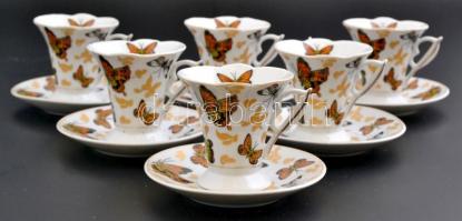 Pillangó mintás mokkás csésze és alj ( 6db), matricás, jelzés nélkül, eredeti dobozában, apró kopásn...